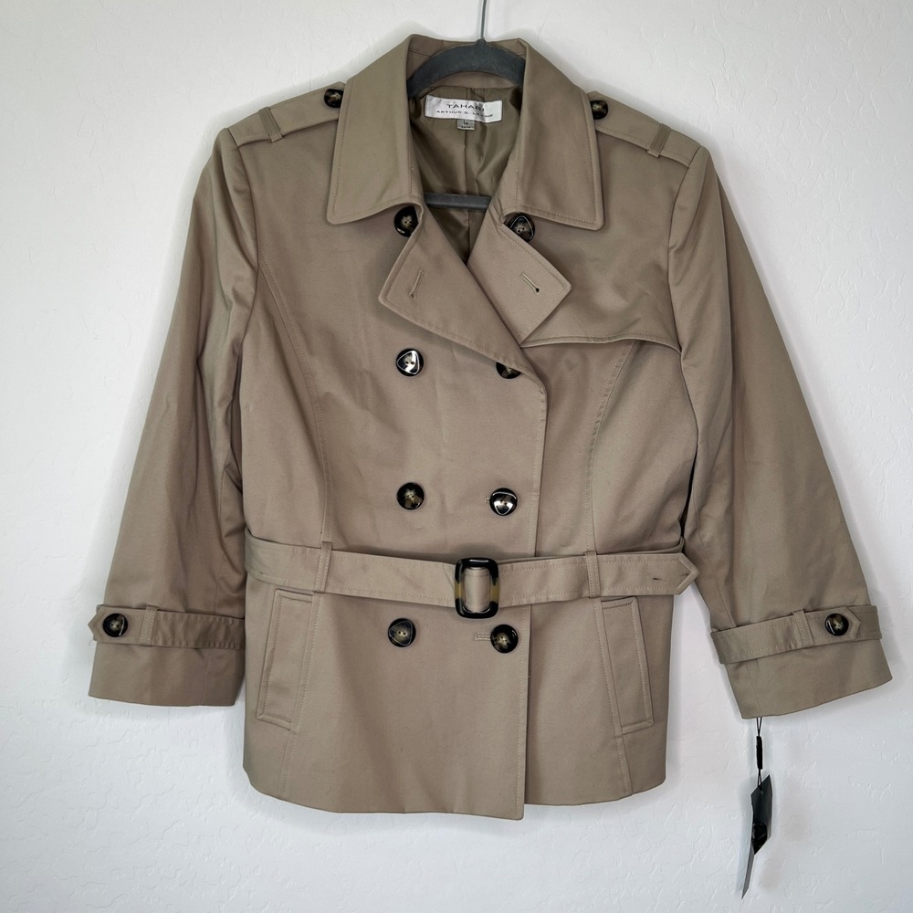 Tahari Trench Jacket Womens 14 Tan Double Breasted Belted 3/4 Sleeve Cotton Mix
